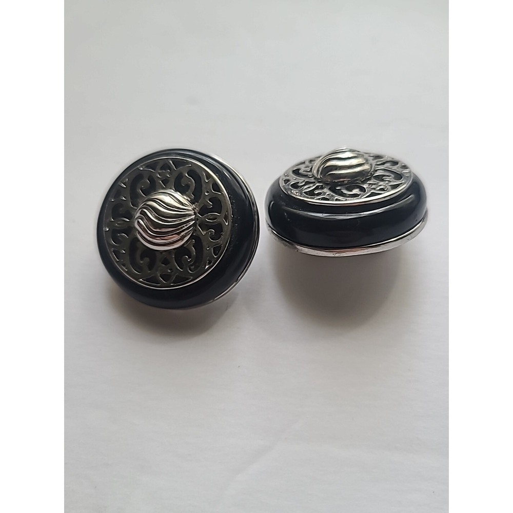 Vtg Silvertone And Black Earrings Clip on Button Filigree - Picture 5 of 5